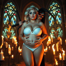 A captivating 18-year-old chubby curvy blonde girl with a thin face, large round soft breasts, a soft belly, very wide soft hips, large round thighs, and thick round legs