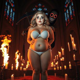 A captivating 18-year-old chubby curvy blonde girl with a thin face, large round soft breasts, a soft belly, very wide soft hips, large round thighs, and thick round legs