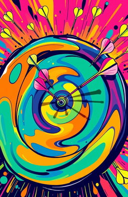 A vibrant and funky interpretation of a dartboard featuring a colorful bullseye