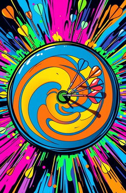 A vibrant and funky interpretation of a dartboard featuring a colorful bullseye