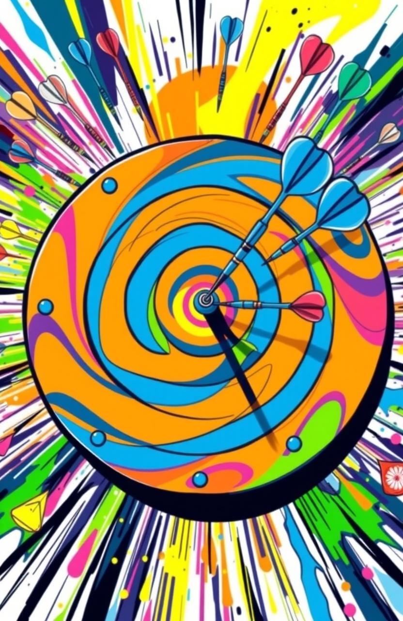 A vibrant and funky interpretation of a dartboard featuring a colorful bullseye