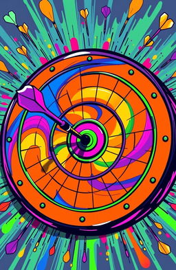 A vibrant and funky interpretation of a dartboard featuring a colorful bullseye