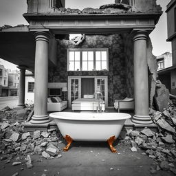 A realistic black and white photograph depicting a street scene where a house has been destroyed by war, revealing an interior that contrasts starkly with the surrounding chaos