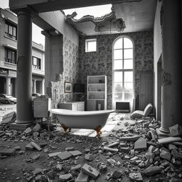 A realistic black and white photograph depicting a street scene where a house has been destroyed by war, revealing an interior that contrasts starkly with the surrounding chaos
