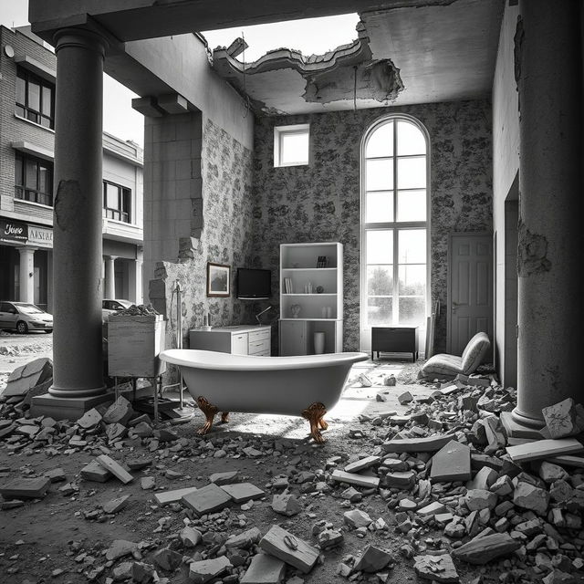 A realistic black and white photograph depicting a street scene where a house has been destroyed by war, revealing an interior that contrasts starkly with the surrounding chaos