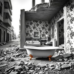 A realistic black and white photograph depicting a street scene where a house has been destroyed by war, revealing an interior that contrasts starkly with the surrounding chaos