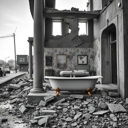 A realistic black and white photograph depicting a street scene where a house has been destroyed by war, revealing an interior that contrasts starkly with the surrounding chaos