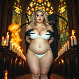 A striking 18-year-old fat curvy blonde girl with a thin face, large round soft breasts, a soft belly, very wide soft hips, large round thighs, and thick round legs