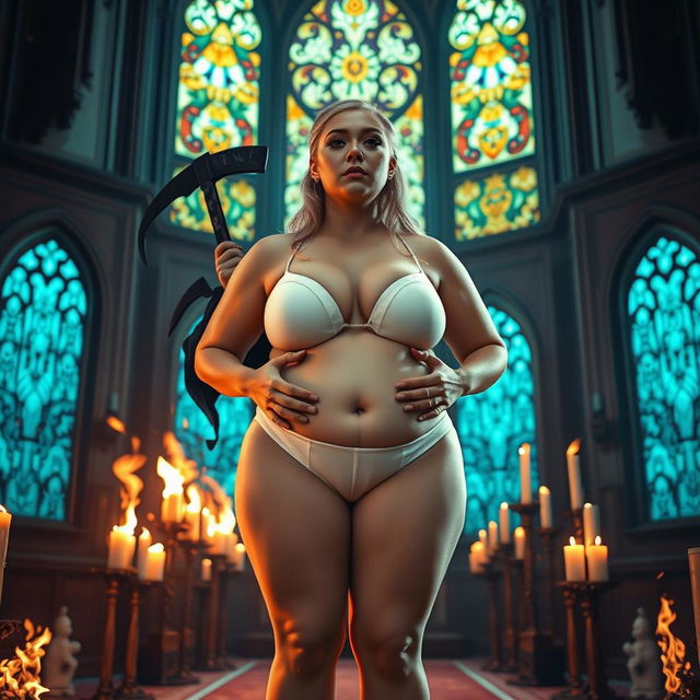 A striking 18-year-old fat curvy blonde girl with a thin face, large round soft breasts, a soft belly, very wide soft hips, large round thighs, and thick round legs