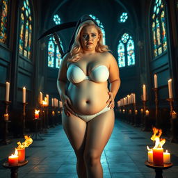 A striking 18-year-old fat curvy blonde girl with a thin face, large round soft breasts, a soft belly, very wide soft hips, large round thighs, and thick round legs