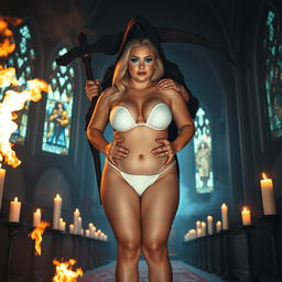 A stunning 18-year-old curvy blonde girl with a thin face, featuring large round soft breasts, a soft belly, very wide soft hips, large round thighs, and thick round legs