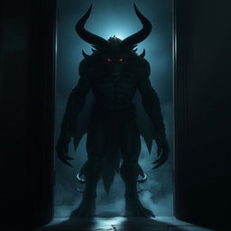 A dark demon stands ominously in the doorway, its shadowy figure looming larger than life