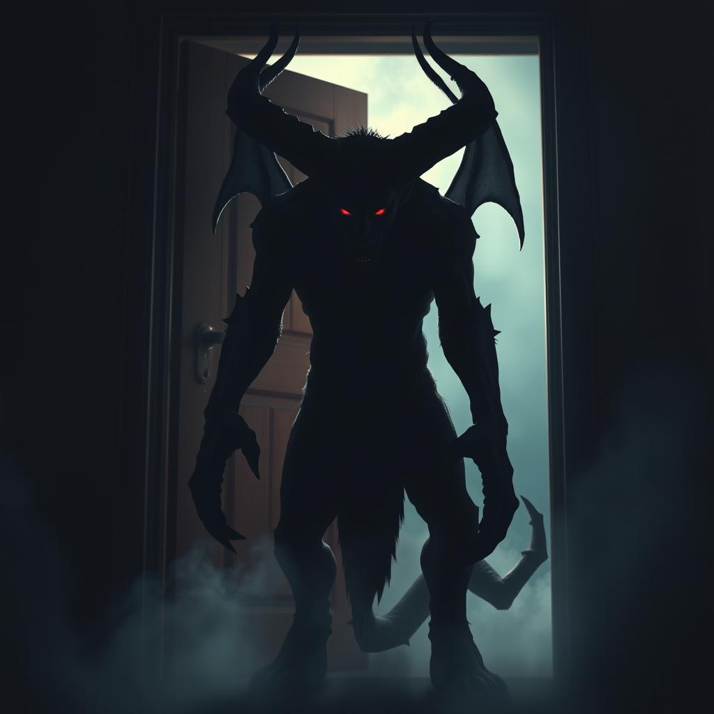 A dark demon stands ominously in the doorway, its shadowy figure looming larger than life
