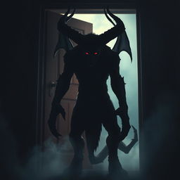 A dark demon stands ominously in the doorway, its shadowy figure looming larger than life