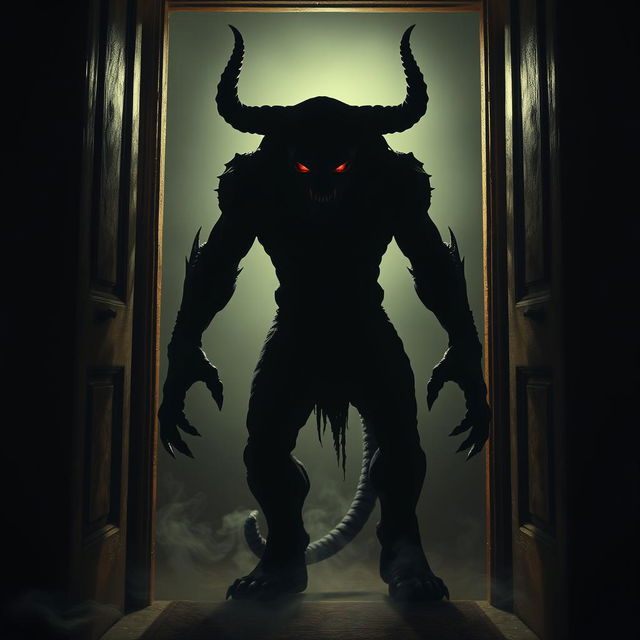 A dark demon stands ominously in the doorway, its shadowy figure looming larger than life