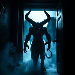 A dark demon stands ominously in the doorway, its shadowy figure looming larger than life