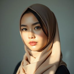 A serene portrait of a Chinese woman wearing a hijab, showcasing her confidence and beauty
