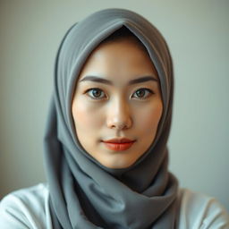 A serene portrait of a Chinese woman wearing a hijab, showcasing her confidence and beauty