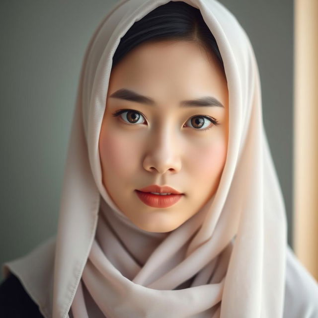 A serene portrait of a Chinese woman wearing a hijab, showcasing her confidence and beauty