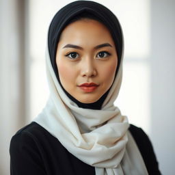 A serene portrait of a Chinese woman wearing a hijab, showcasing her confidence and beauty