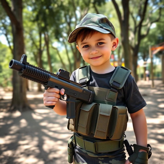 A young boy wearing tactical gear, holding a toy gun in a playful yet serious manner