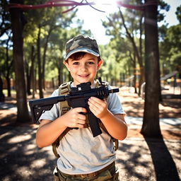 A young boy wearing tactical gear, holding a toy gun in a playful yet serious manner