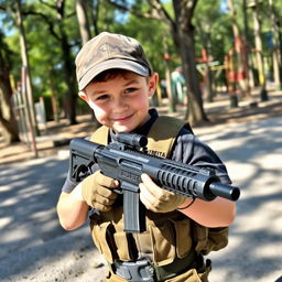 A young boy wearing tactical gear, holding a toy gun in a playful yet serious manner