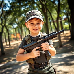A young boy wearing tactical gear, holding a toy gun in a playful yet serious manner