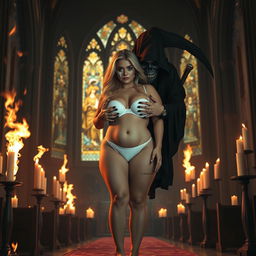 A captivating 18-year-old curvy blonde girl with a thin face, featuring large round soft breasts, a soft belly, wide soft hips, large round thighs, and thick round legs