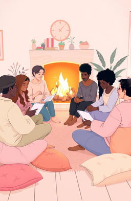 A serene and emotional scene illustrating the concept of learning to love, featuring a diverse group of adults of different ethnic backgrounds sitting in a circle, sharing stories in a cozy, warmly lit room
