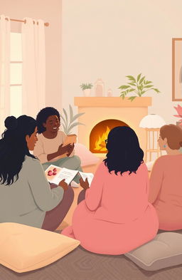 A serene and emotional scene illustrating the concept of learning to love, featuring a diverse group of adults of different ethnic backgrounds sitting in a circle, sharing stories in a cozy, warmly lit room