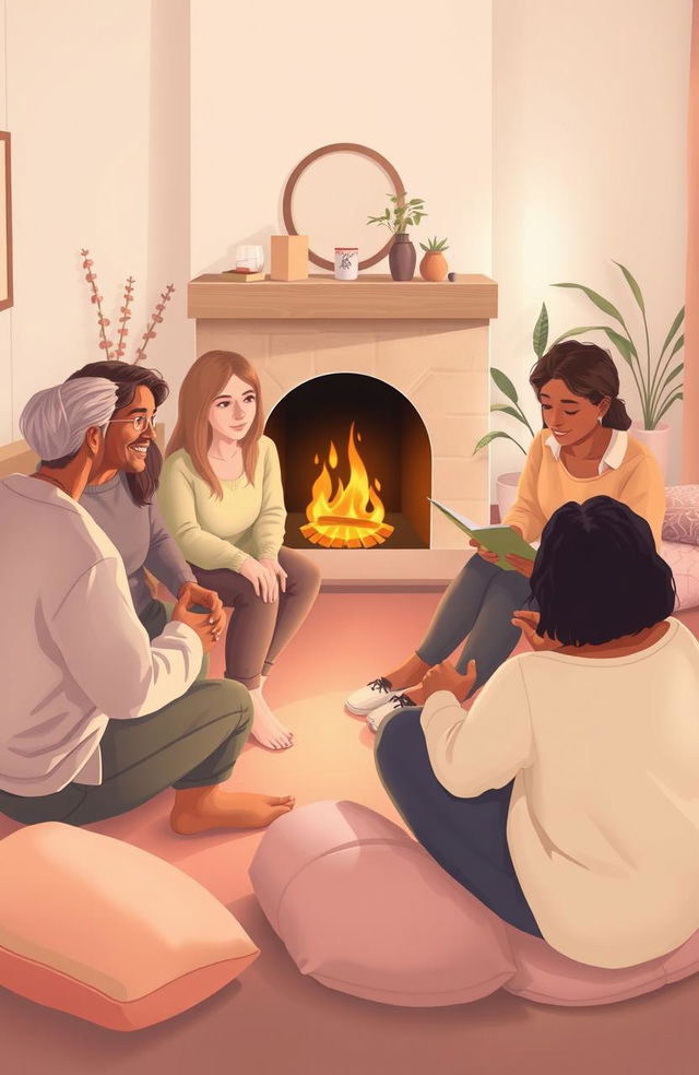 A serene and emotional scene illustrating the concept of learning to love, featuring a diverse group of adults of different ethnic backgrounds sitting in a circle, sharing stories in a cozy, warmly lit room