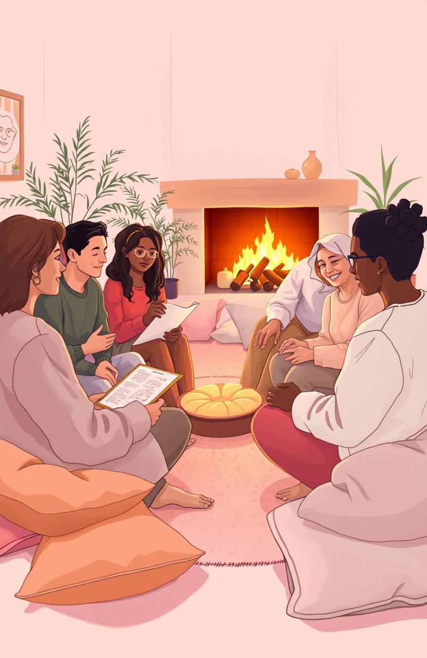 A serene and emotional scene illustrating the concept of learning to love, featuring a diverse group of adults of different ethnic backgrounds sitting in a circle, sharing stories in a cozy, warmly lit room