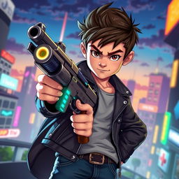 A stylized depiction of a confident boy holding a futuristic-looking gun