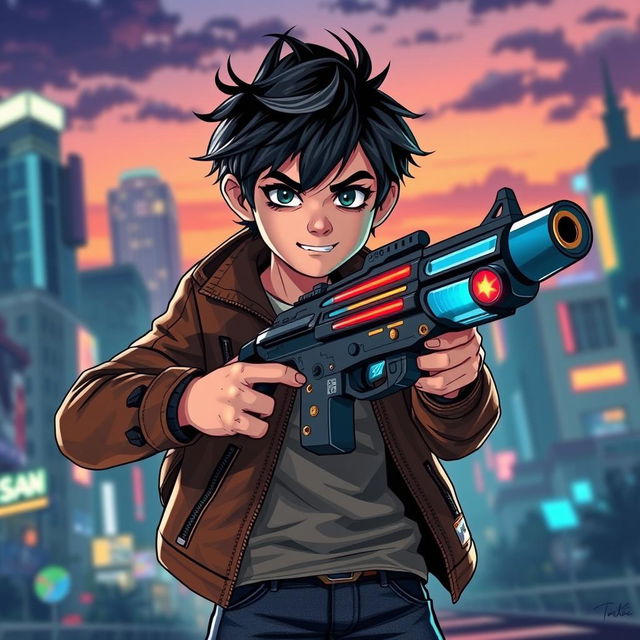 A stylized depiction of a confident boy holding a futuristic-looking gun