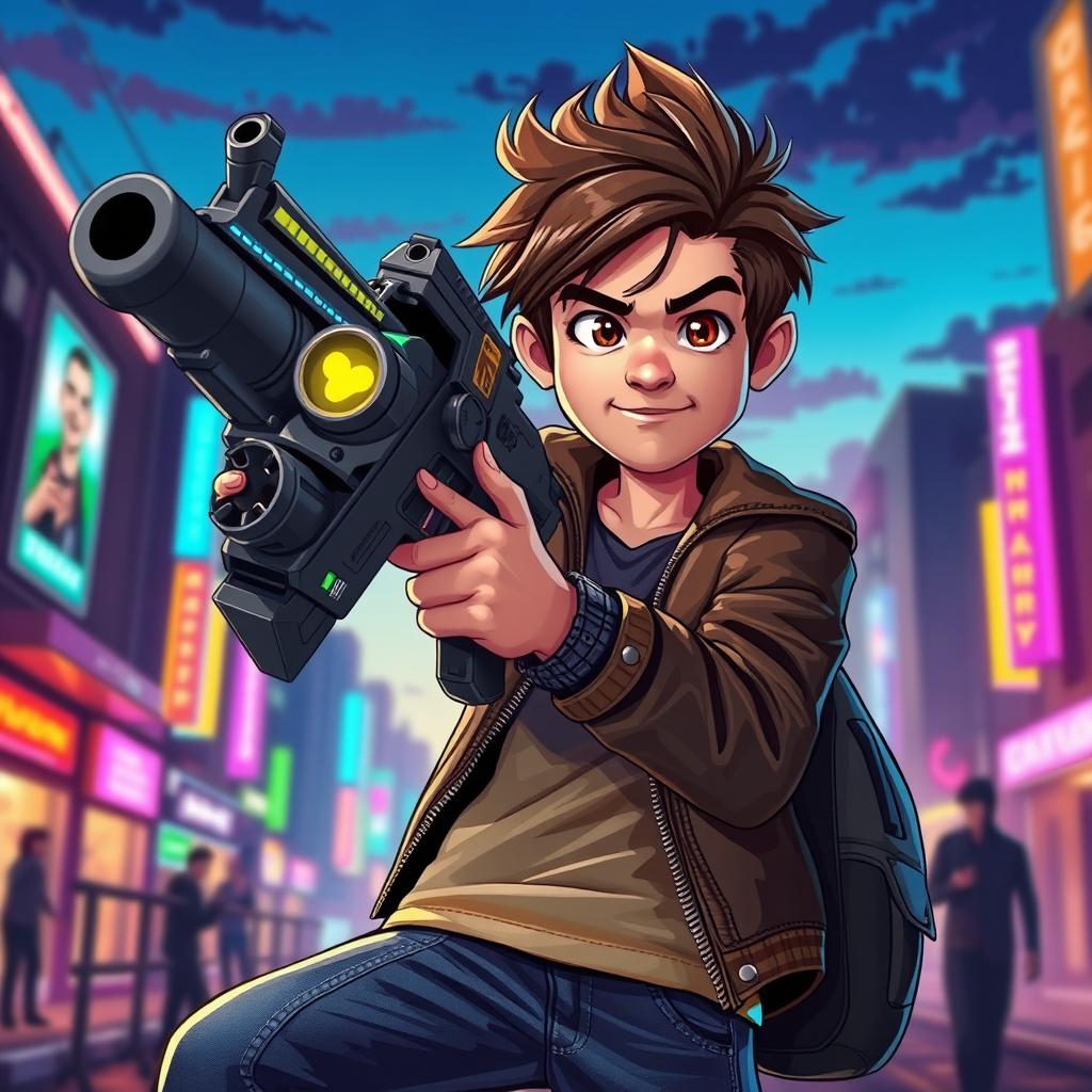 A stylized depiction of a confident boy holding a futuristic-looking gun