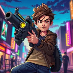 A stylized depiction of a confident boy holding a futuristic-looking gun