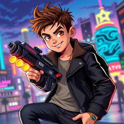 A stylized depiction of a confident boy holding a futuristic-looking gun