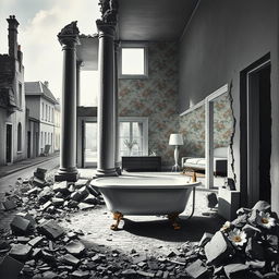 A realistic oil painting of a war-damaged street scene featuring a house that has been largely destroyed, with one room still perfect, bathed in bright light