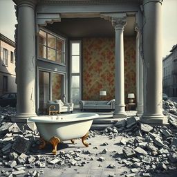 A realistic oil painting of a war-damaged street scene featuring a house that has been largely destroyed, with one room still perfect, bathed in bright light
