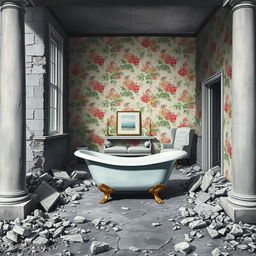 A realistic oil painting of a war-damaged street scene featuring a house that has been largely destroyed, with one room still perfect, bathed in bright light