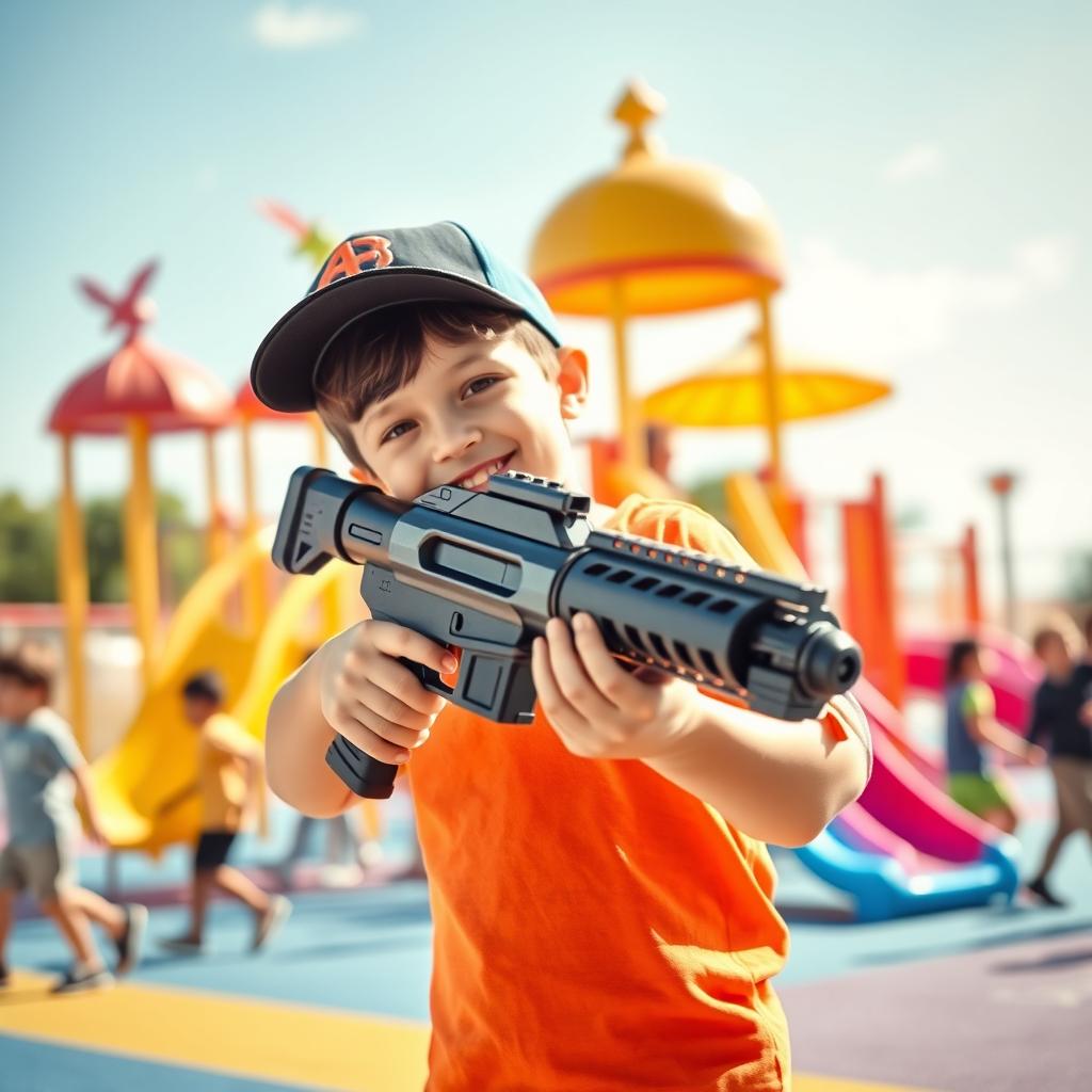 A stylish, action-packed scene featuring a young boy confidently holding a futuristic toy gun, standing in a bright, colorful playground