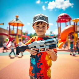 A stylish, action-packed scene featuring a young boy confidently holding a futuristic toy gun, standing in a bright, colorful playground