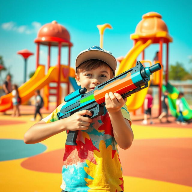 A stylish, action-packed scene featuring a young boy confidently holding a futuristic toy gun, standing in a bright, colorful playground