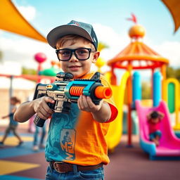 A stylish, action-packed scene featuring a young boy confidently holding a futuristic toy gun, standing in a bright, colorful playground
