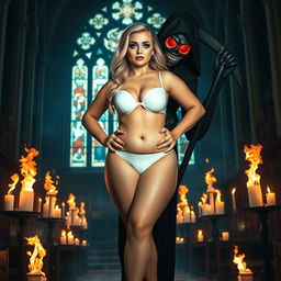 A captivating 18-year-old curvy blonde girl with a thin face, featuring large round soft breasts, a soft belly, very wide soft hips, large round thighs, and thick round legs