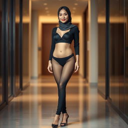 A stylish Chinese woman wearing a hijab, paired with a sleek black bra and panties