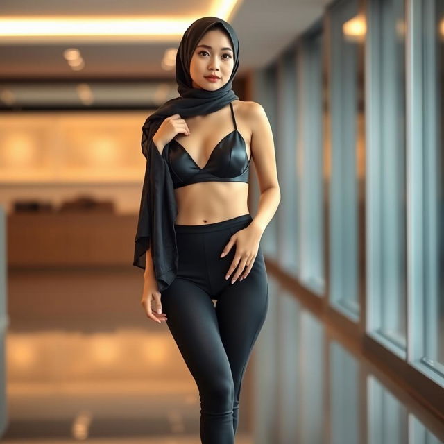 A stylish Chinese woman wearing a hijab, paired with a sleek black bra and panties