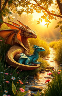 A golden brown winged earth dragon with textured scales lies gracefully beside a smaller, wingless water dragon with shimmering, iridescent blue and green scales