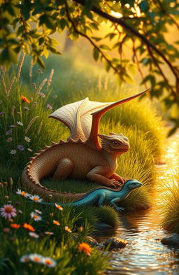 A golden brown winged earth dragon with textured scales lies gracefully beside a smaller, wingless water dragon with shimmering, iridescent blue and green scales